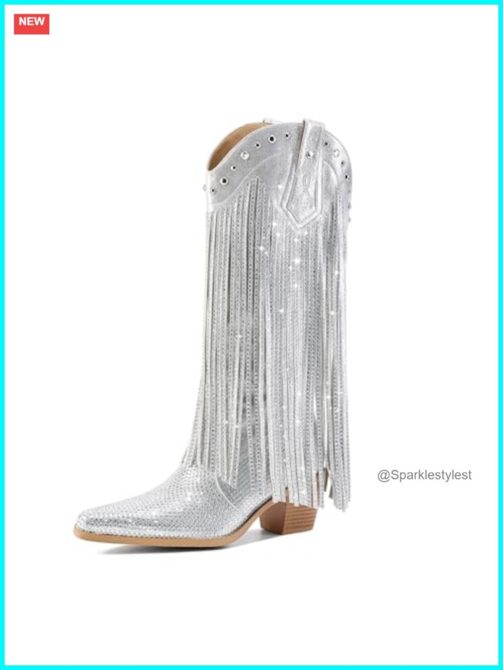 Rhinestone Fringe Cowgirl Boots Pointed Toe Chunky Mid Heel Pull On